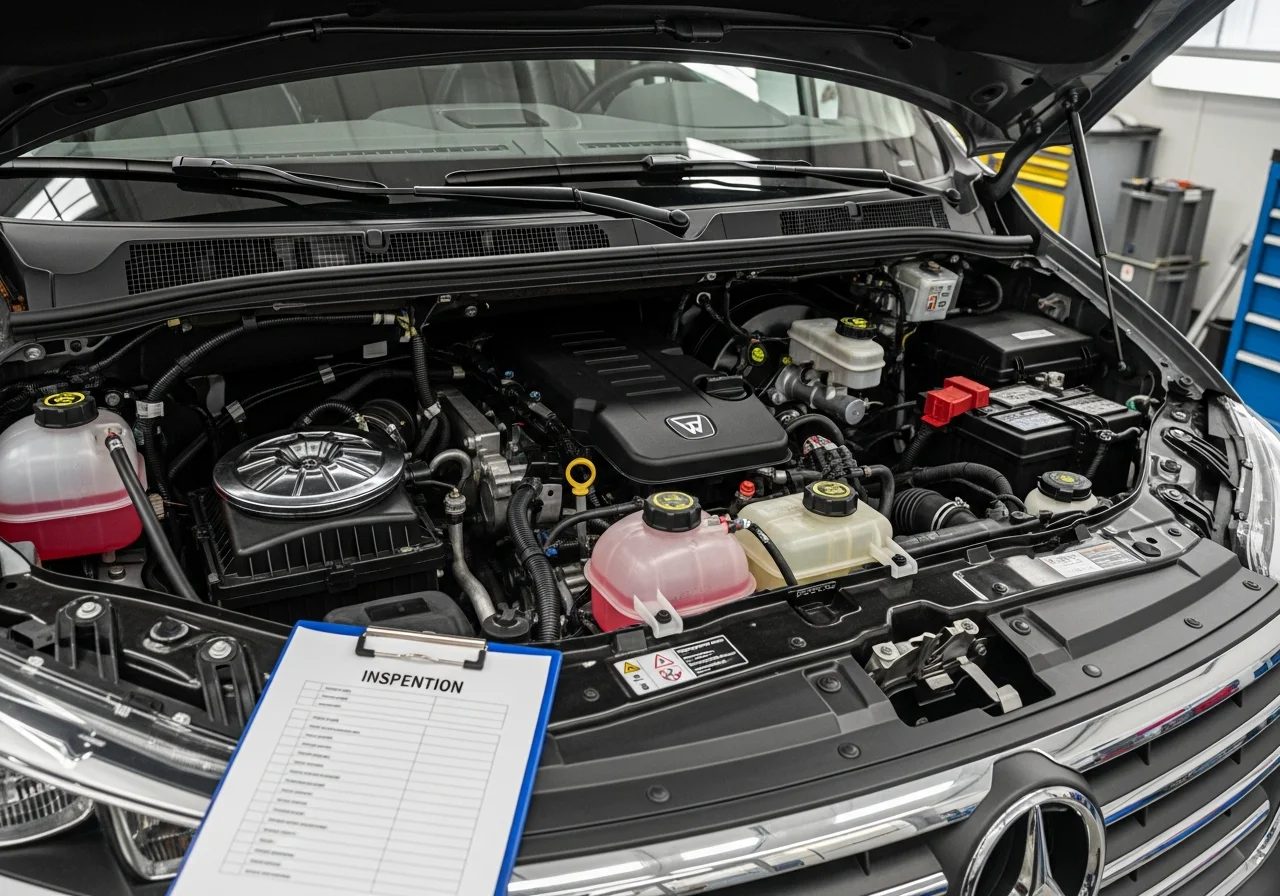 Offener Motorraum eines Nutzfahrzeugs während der Inspektion