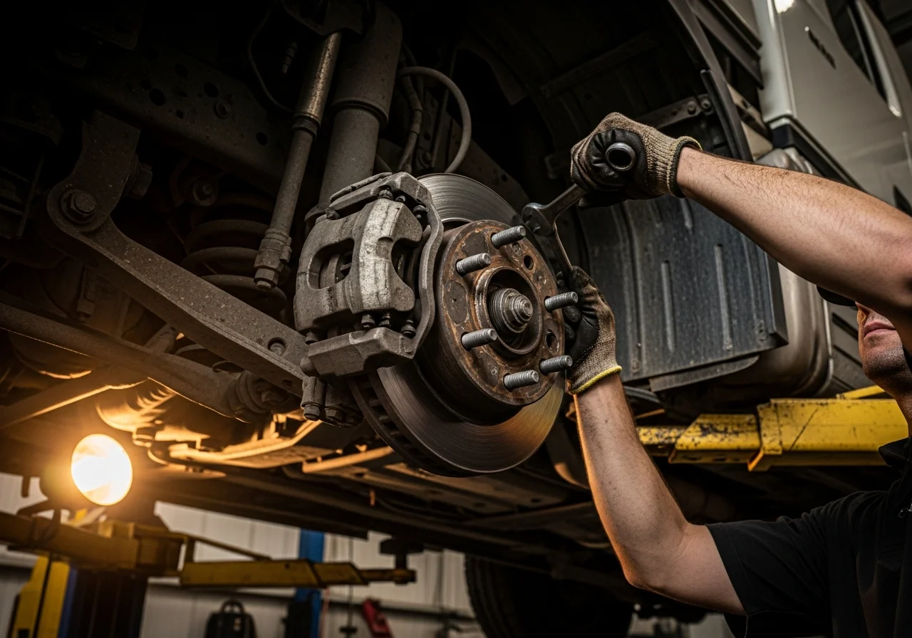 Mechaniker bei der Reparatur an der Bremsanlage eines Nutzfahrzeugs